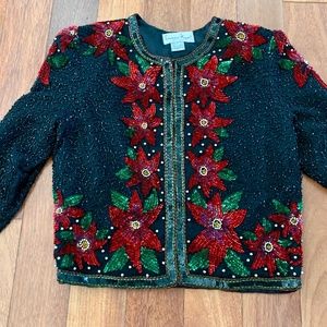 Laurence Kazar Beaded Sequin Silk Holiday Christmas Jacket